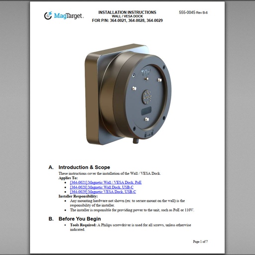 [555-0045] INSTALLATION INSTRUCTIONS, WALL-VESA DOCK