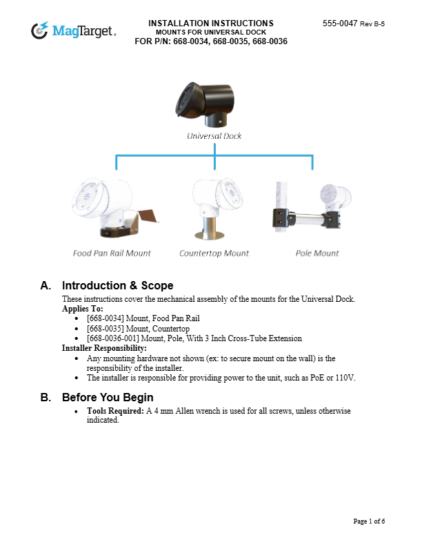 [555-0047] INSTALLATION INSTRUCTIONS, MOUNTS FOR UNIVERSAL DOCK