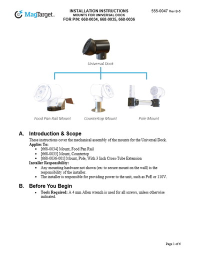 [555-0047] INSTALLATION INSTRUCTIONS, MOUNTS FOR UNIVERSAL DOCK